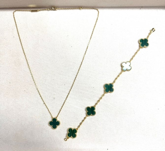 925 SILVER PLEATED 18K GD MALACHITE SET (0269)
